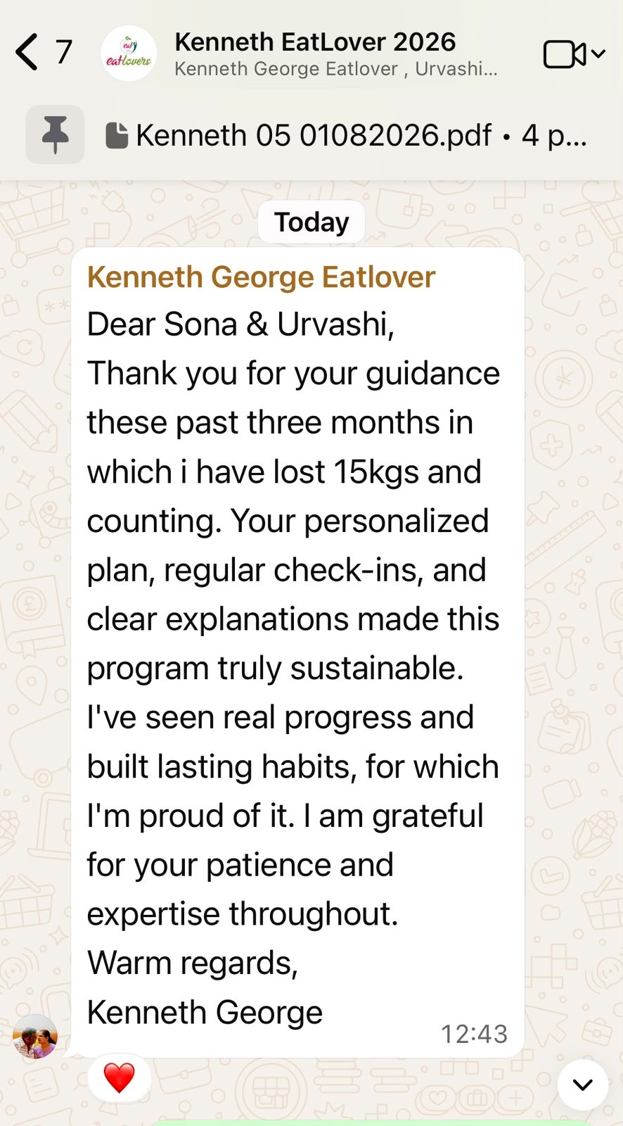Kenneth George's message thanking Eat With Sona after losing 15 kilograms in three months