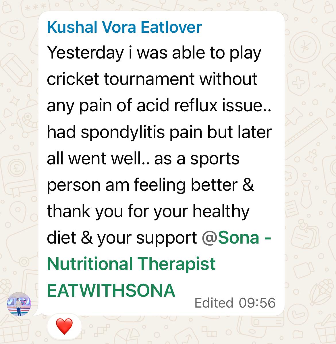Kushal Vora's message about playing a cricket tournament without acid reflux pain